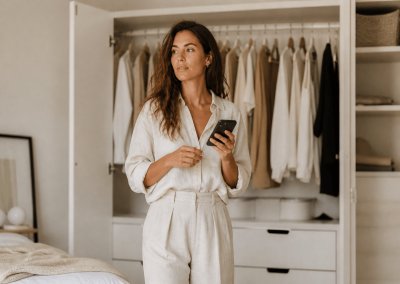 Femme face à sa garde-robe avec un smartphone, illustration Google Wardrobe et image de soi