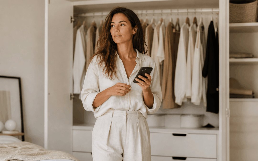 Femme face à sa garde-robe avec un smartphone, illustration Google Wardrobe et image de soi